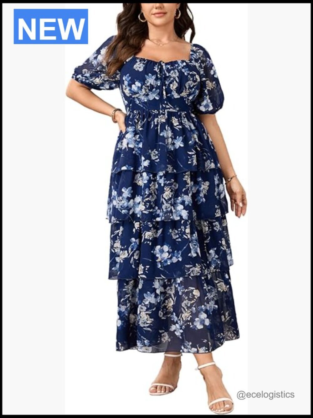Plus Size Maxi Dress Short Sleeve Tiered Split Long Dress